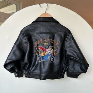 Vintage Kids Disney Mickey Mouse Embroidered Leather Jacket - Faux, Moto, 3T
